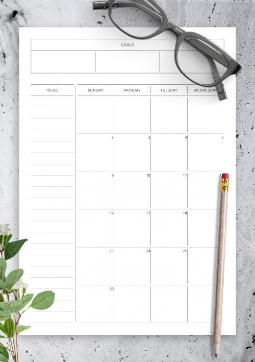 November 2024 Simple Monthly Calendar with Notes, To-Do, Goals