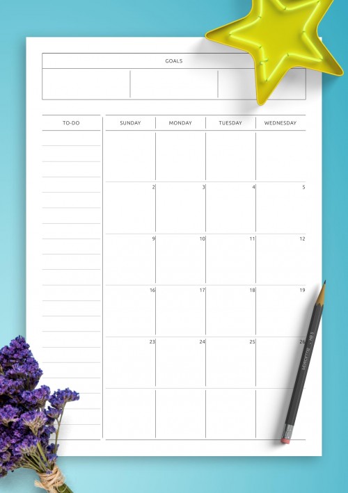 February 2025 Simple Monthly Calendar with Notes, To-Do, Goals