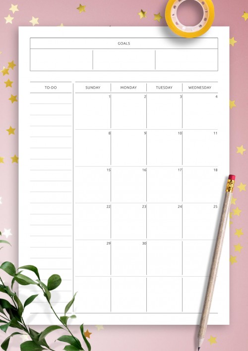 June 2025 Simple Monthly Calendar with Notes, To-Do, Goals