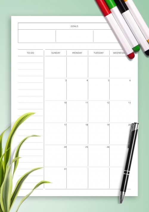 August 2025 Simple Monthly Calendar with Notes, To-Do, Goals