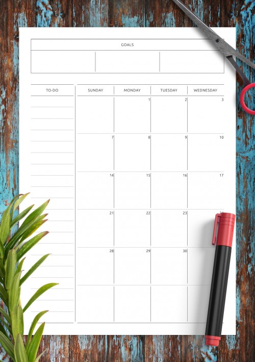 September 2025 Simple Monthly Calendar with Notes, To-Do, Goals