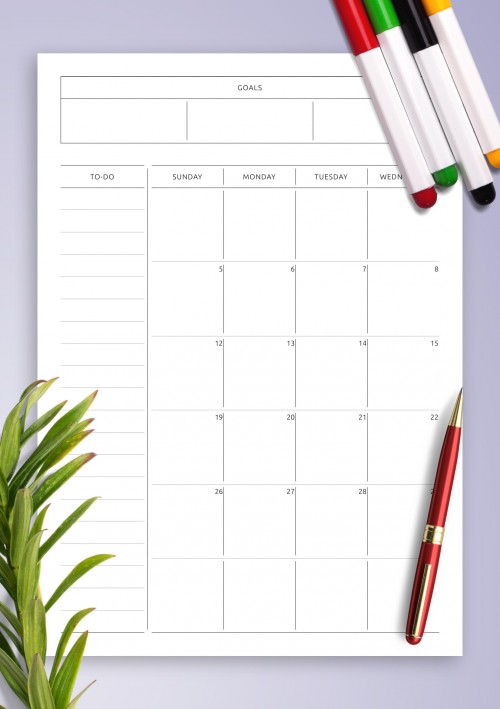 October 2025 Simple Monthly Calendar with Notes, To-Do, Goals