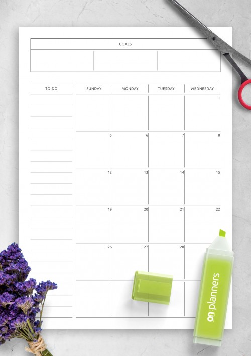 October 2024 Simple Monthly Calendar with Notes, To-Do, Goals