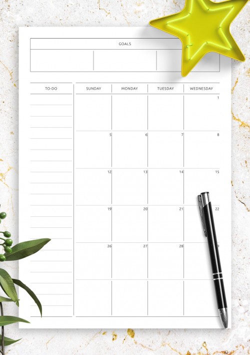 January 2025 Simple Monthly Calendar with Notes, To-Do, Goals