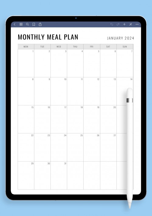 Simple Monthly Meal Planner Template for iPad Pro