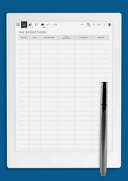 Simple Tax Deductions Tracker Template for Supernote A6X