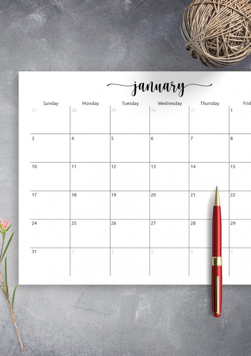 January Horizontal Calendar Template