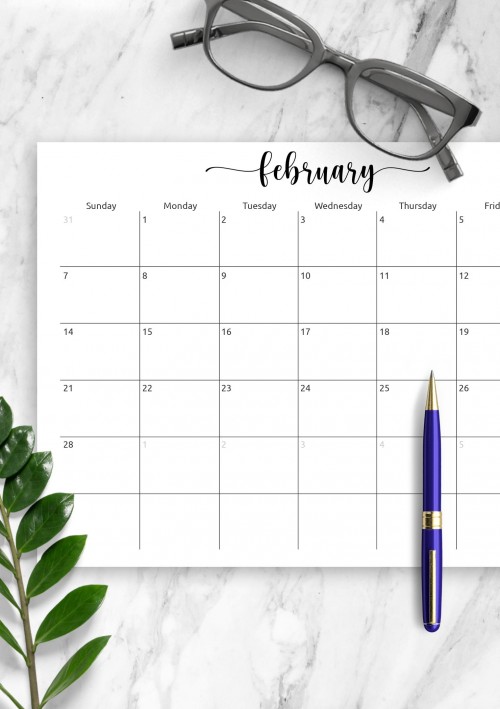 February Horizontal Calendar Template