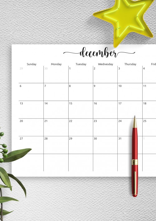 December Horizontal Calendar Template