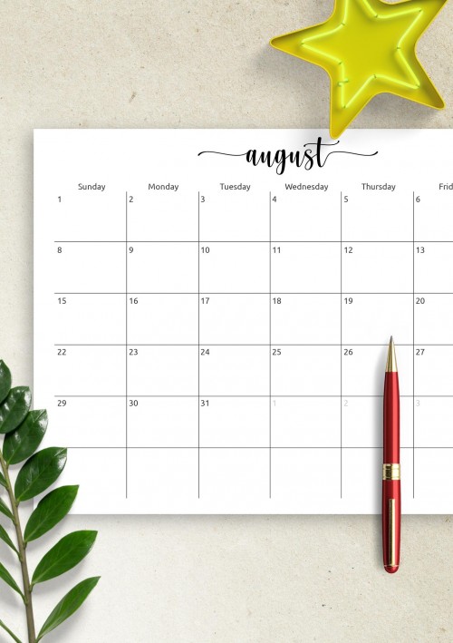 August Horizontal Calendar Template
