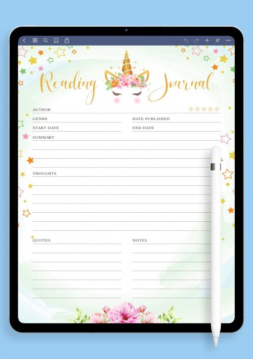 Stars Unicorn Reading Journal iPad & Android Template For Kids 