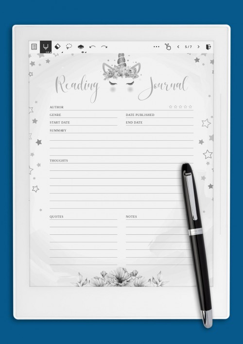 Stars Unicorn Reading Journal Template For Kids for Supernote