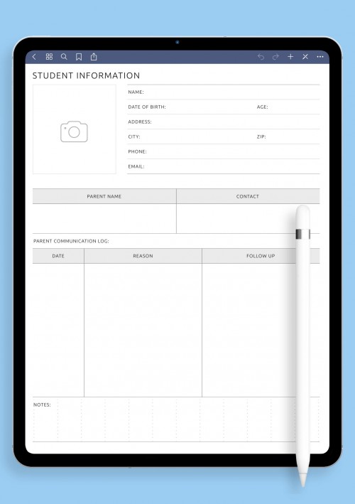Student Information Template template for GoodNotes