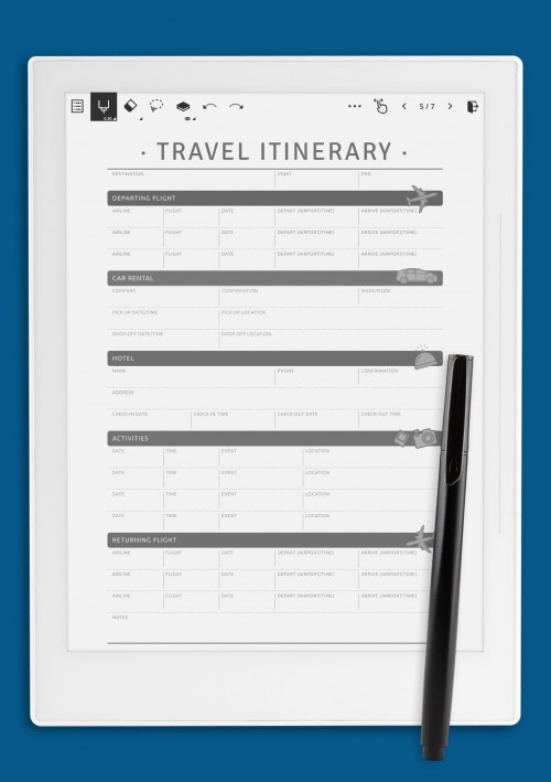 Travel Itinerary template for Supernote