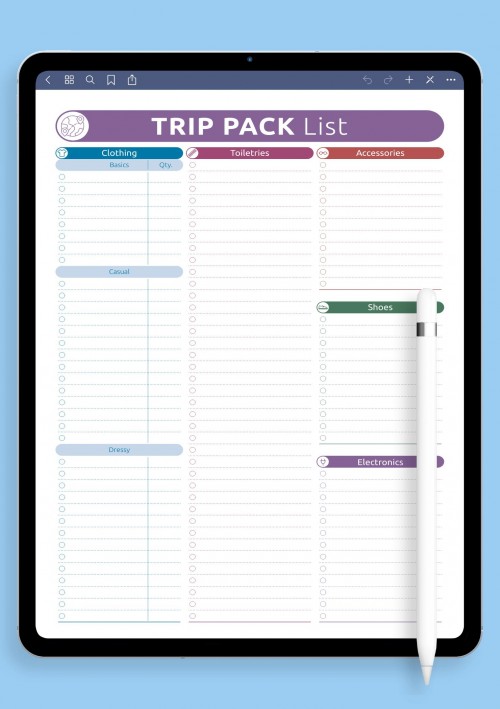 Trip Pack List template for Notability
