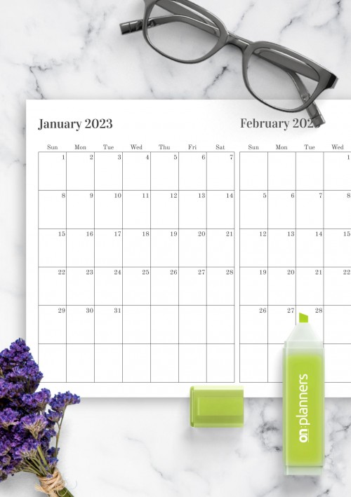 Two Months on One Page January 2023 Calendar