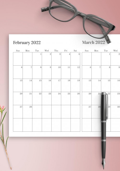 Two Months on One Page February 2022 Calendar