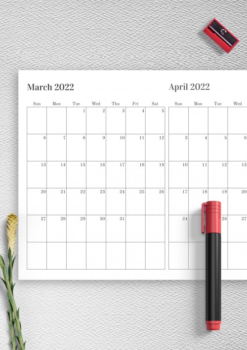 Two Months on One Page March 2022 Calendar