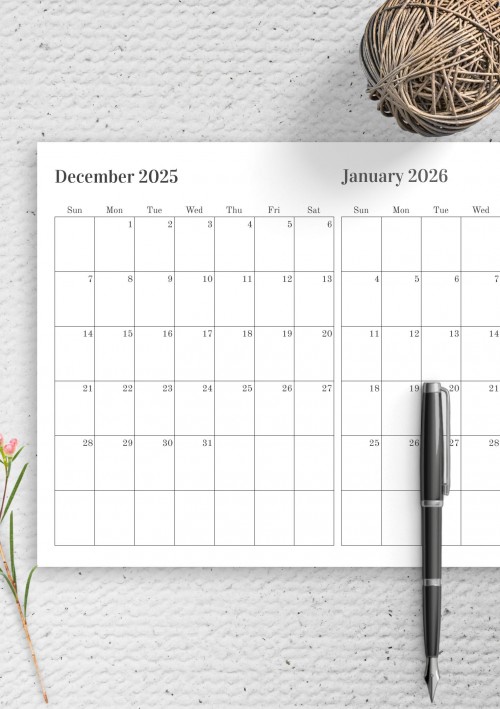 Two Months on One Page December 2025 Calendar