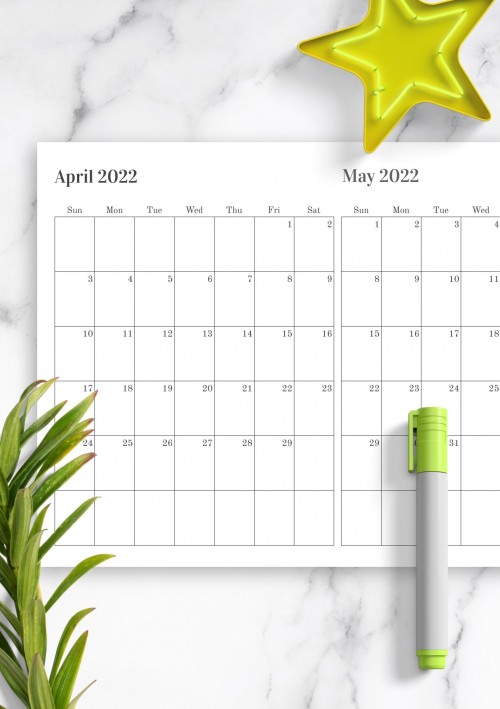 Two Months on One Page April 2022 Calendar