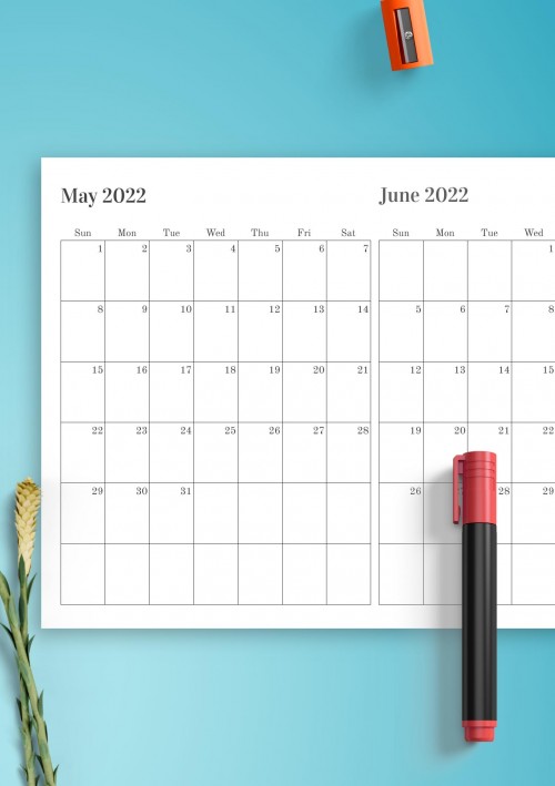 Two Months on One Page May 2022 Calendar