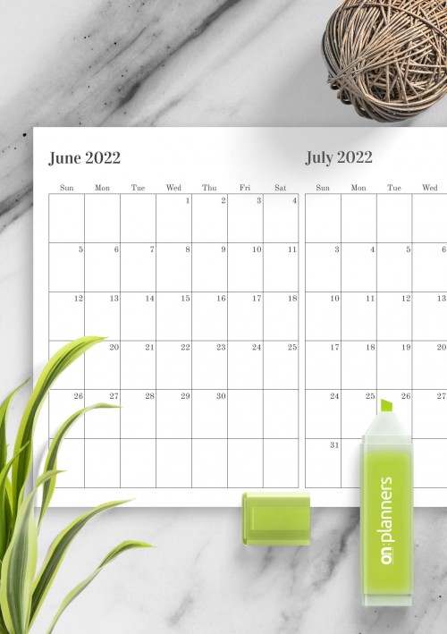 Two Months on One Page June 2022 Calendar