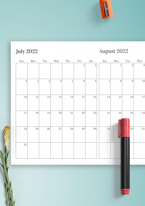 Download Printable Two Months on One Page Calendar PDF