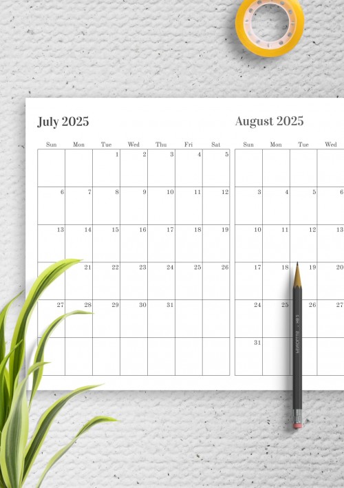 Two Months on One Page July 2025 Calendar