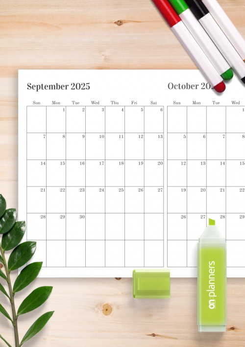 Two Months on One Page September 2025 Calendar