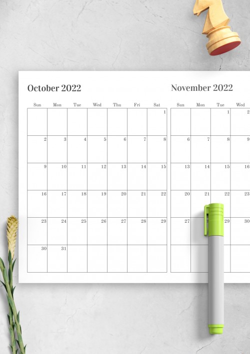 Two Months on One Page October 2022 Calendar