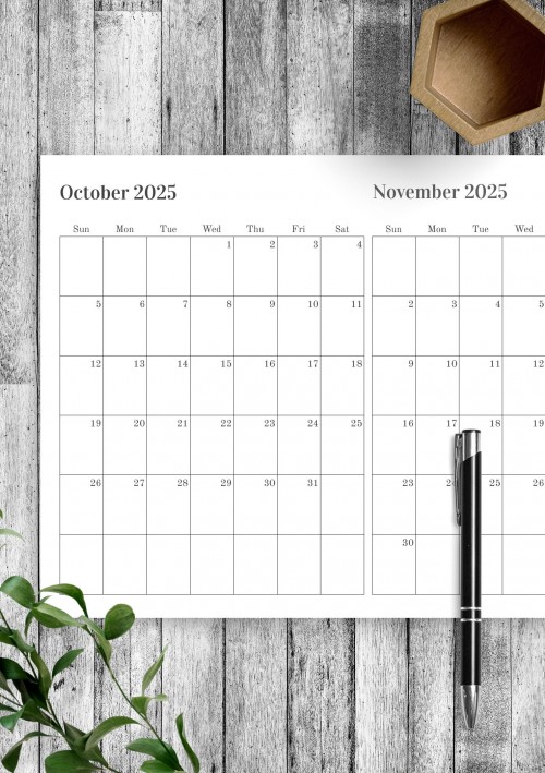 Two Months on One Page October 2025 Calendar