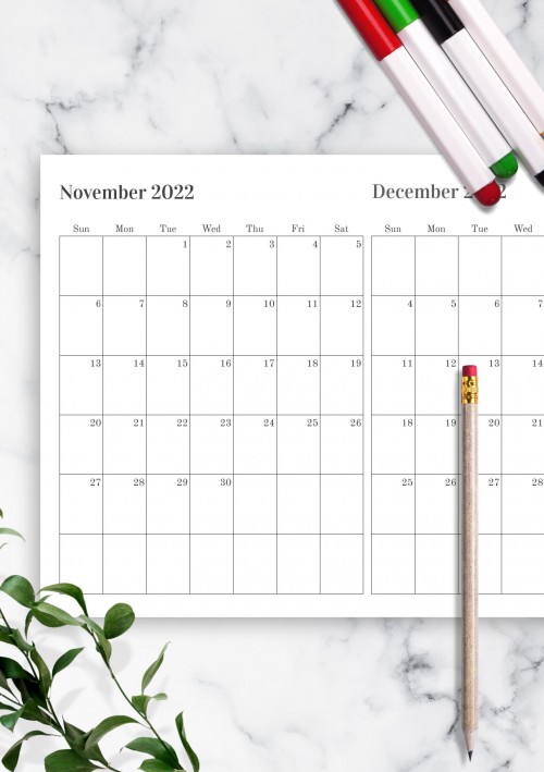 Two Months on One Page November 2022 Calendar