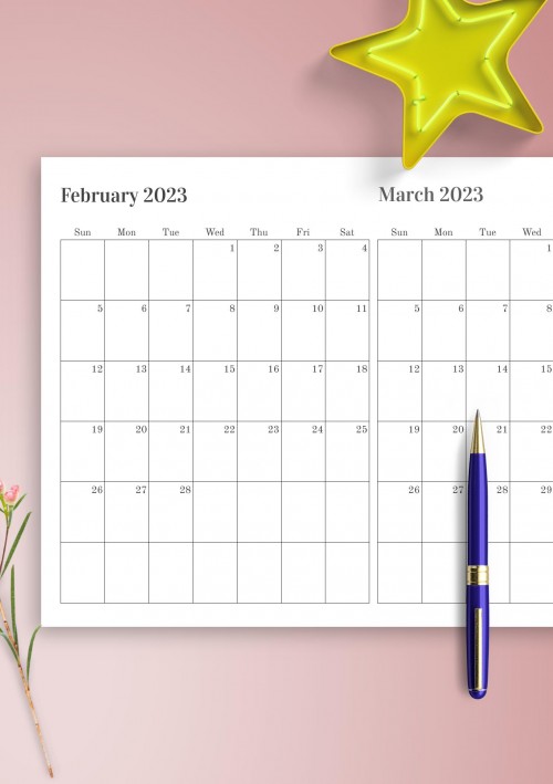Two Months on One Page February 2023 Calendar