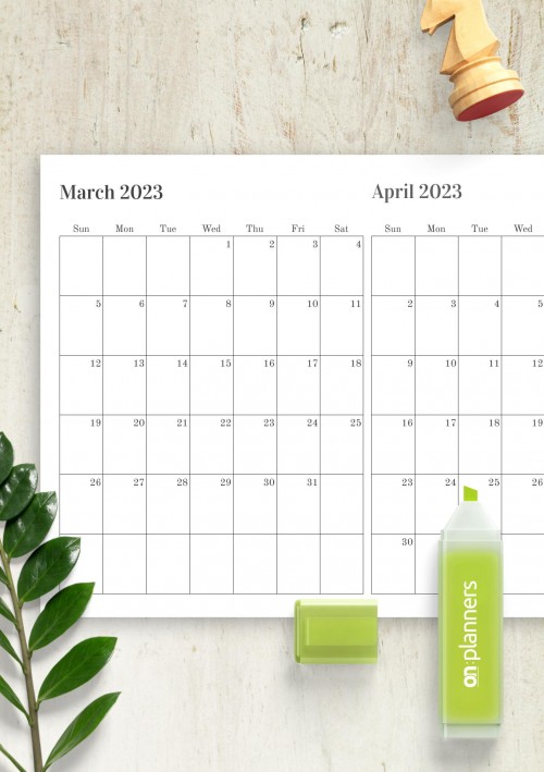 Two Months on One Page March 2023 Calendar