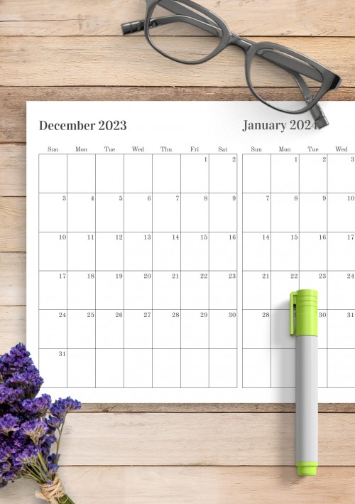 Two Months on One Page December 2023 Calendar
