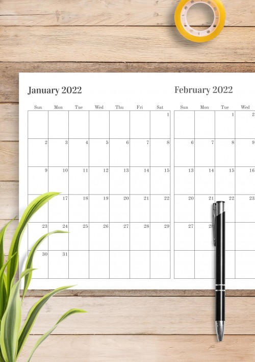 Two Months on One Page January 2022 Calendar