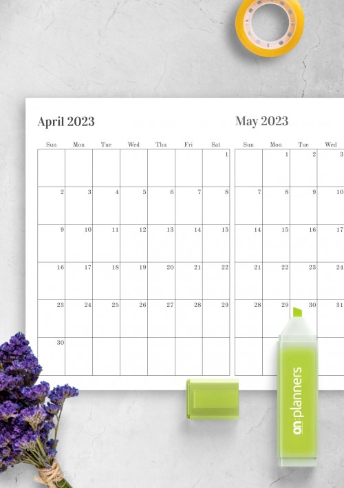 Two Months on One Page April 2023 Calendar