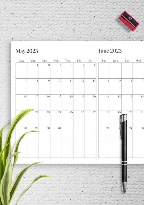 Two Months on One Page May 2023 Calendar