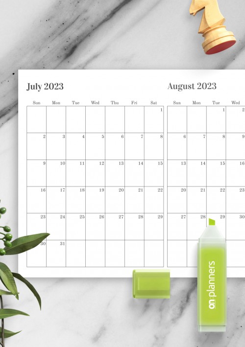 Two Months on One Page July 2023 Calendar