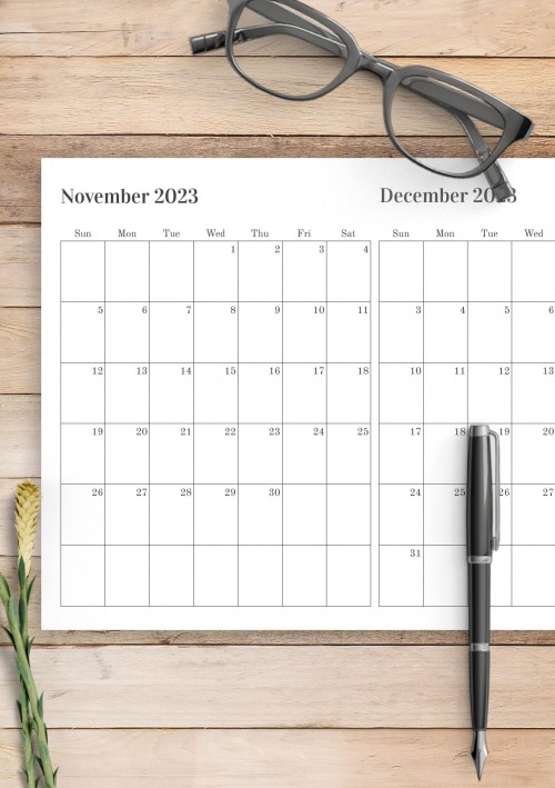 Two Months on One Page November 2023 Calendar