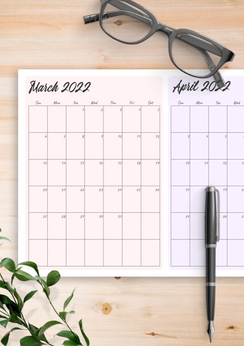 Two Months March 2022 Calendar