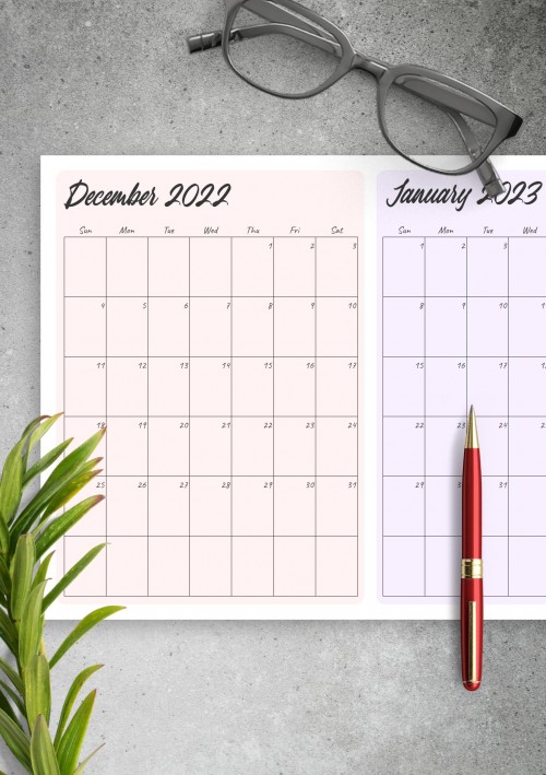 Two Months December 2022 Calendar
