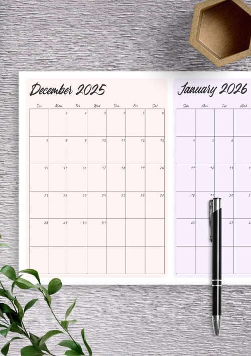 Two Months December 2025 Calendar