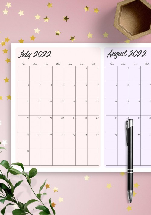 Two Months July 2022 Calendar