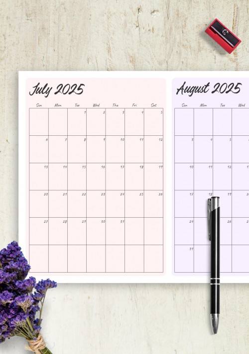 Two Months July 2025 Calendar