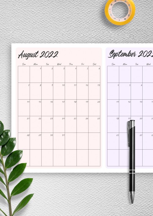 Two Months August 2022 Calendar