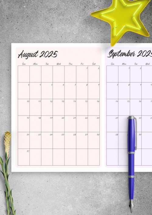 Two Months August 2025 Calendar