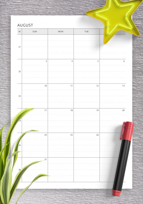 Two Page Lined August Calendar