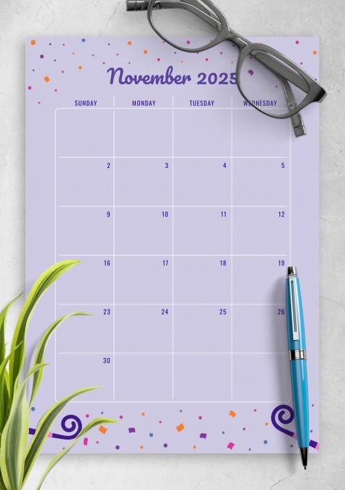 Two Page November 2025 Birthday Calendar