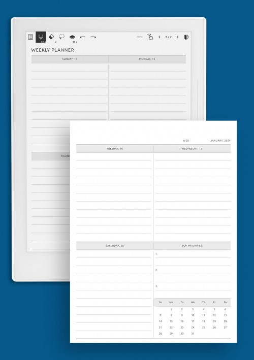 Two-Page Weekly Schedule with All Days Equal Size Supernote